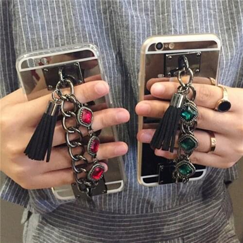 Luxury Bling Glitter Gem Hand Chain TPU Soft Mirror Phone Case Cover For iPhone 5 5s SE 6 6s 7 Plus 6splus 7Plus Back Case