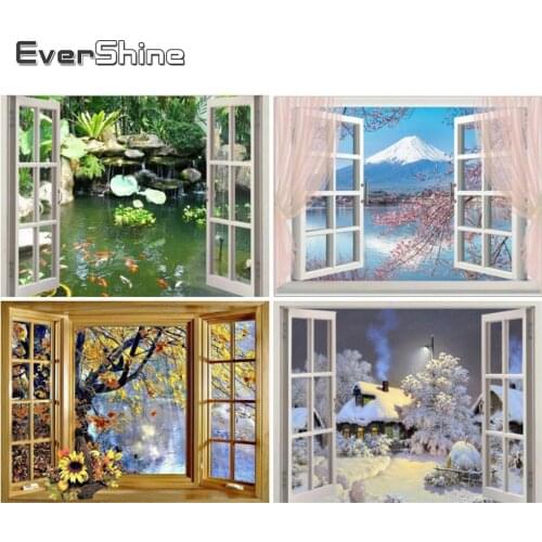 EverShine 5D Diamond Painting Window Mosaic Kits Diamond Embroidery Landscape Picture Rhinestones Winter Wall Art Needlework