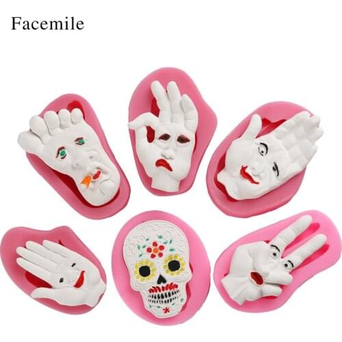 Facemile 6PCS Skull Face 3D Christening Mould Halloween Fondant Cake Decoration Silicone Molds Cupcake Baking Tools