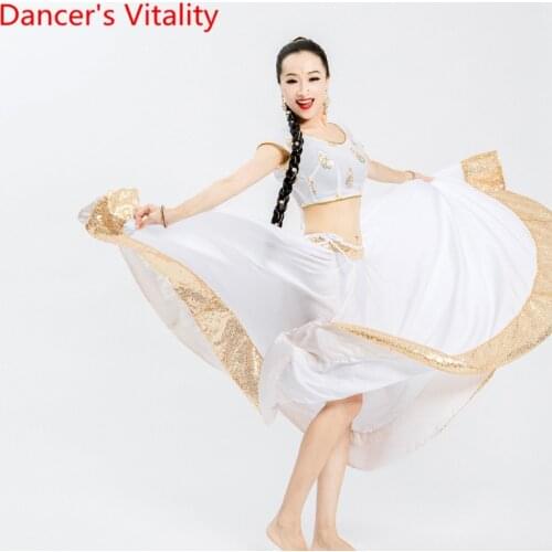 Indian Dance Practice Clothes Women Gold Big Hemlines Skirt Matching Outfits Belly Oriental Dancing Performance Costume