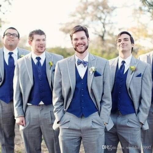 Classic Style Gray Wedding Tuxedos For Groomsmen Suit 3 Pieces Royal Blue Vest Custom Made Men Suits (Jacket+Vest+Pants)