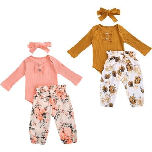 FOCUSNORM 0-18M Newborn Baby Girl Clothes Sets Long Sleeve Ruffles Knit Romper Tops Floral Pant Trouser Headband