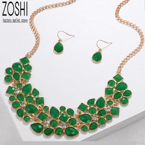 Women Wedding Jewelry Set Rhinestone Green Resin Water Drop Earrings Bib Necklace Set Geometric Beads Gold Plated Color 2021New