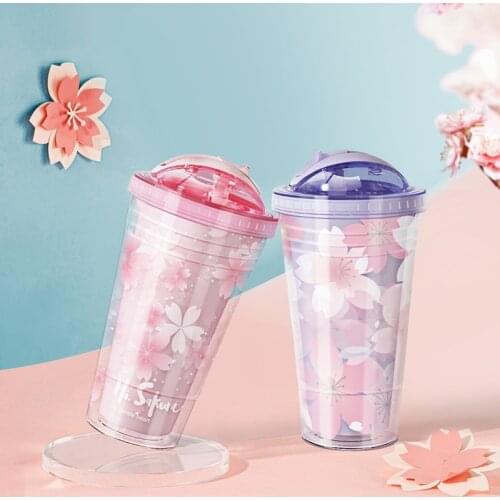 Sakura Cute Water Bottle with Straw Kawaii Water Bottles for Drinking Coffee BPA Free Plastic Cups Tumbler Reusable Drinkware