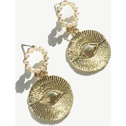 Fashion Gold Color Big Rould Evil Eye Pattern Pearl Beads Pendant Long Drop Earrings For Women Girls Jewelry