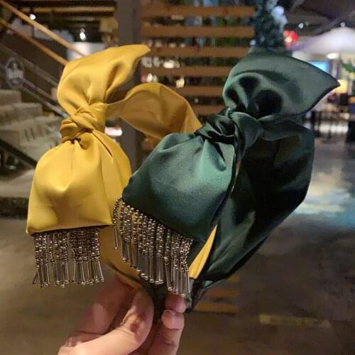 Fashion Lady Fabric Cloth Hair Hoop Girls Bow Widened Headband Ornaments Hairbands Women Metal Tassel Headwear Hair Accessories