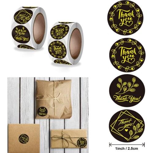 500pcs 2.5cm Gold Flower Thank You Stickers Black Round Label Gift DIY Decoration Cute Stickers