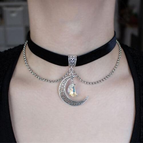 1PCS New Filigree Moon with Moon Crystal Pendant Black Korea Velvet Rope Choker Collar Necklace Female Collier Bijoux Girls Gift