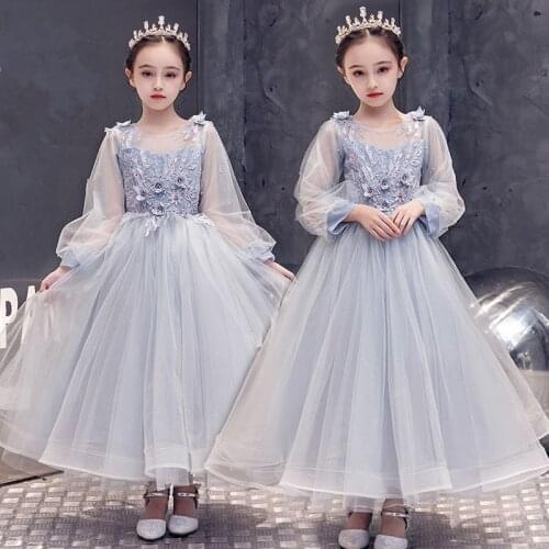 Appliques Kids Dresses Birthday Long Tulle Wedding Ball Gown Flower Girls Clothing Elegant Teenagers Party Princess Costume