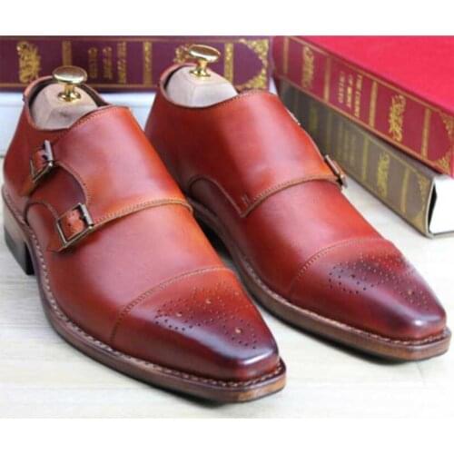 Sipriks Italian Handmade Goodyear Welted Shoes For Men Double Monk Strap Red Brown Formal Tuxedo Shoes Suits Boss Wedding Shoe