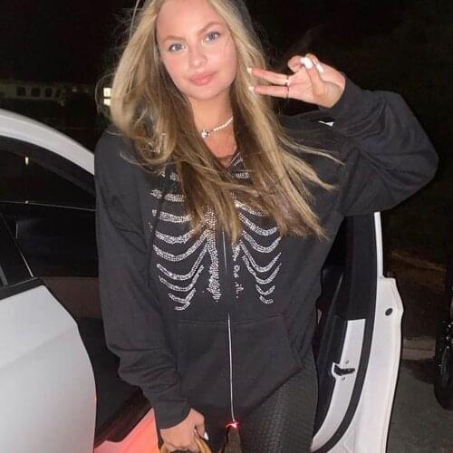 Y2K Women long sleeve Cotton Zip Up loose Hoodies jacket Vintage Oversized Gothic Rhinestone hooded Pockets Tops Casual Clothes