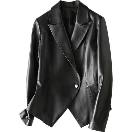 2021 Office Lady Sheepskin Shearling Jacket Women Black Long Sleeves Single Button Female Classic Style Genuine Leather Jacket