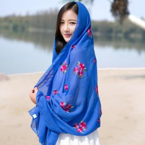 Women Ethnic Cotton Linen Floral Pattern Scarf Soft Wrap Cover Up Cape Shawl