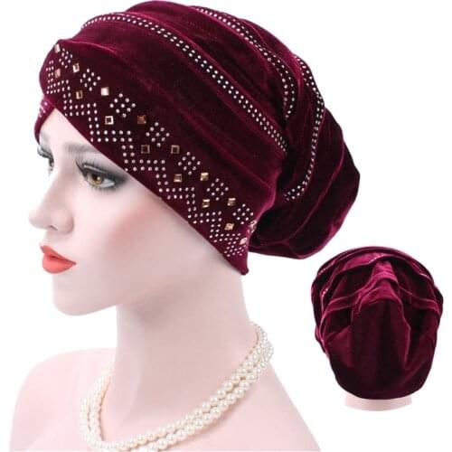 Gold velvet Inner hijabs muslim turban caps for women with drill ethnic islamic wrap head turbante ready to wear hijab bonnet