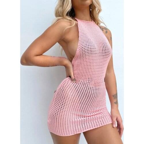 Womens Halter Halter Mesh Perspective Sleeveless Hip Dress Pink