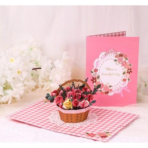 3D Rose Flower Basket Greeting Card with Envelope Carving Blessing Holiday Expresser Paper Card for Teathers Mothers Day