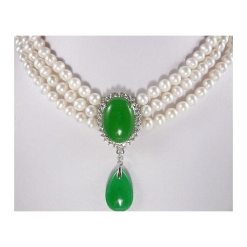 Free shipping ladys finest accessory! 3 Rows white pearl 7-8mm green jade Pendant Necklace jewelry