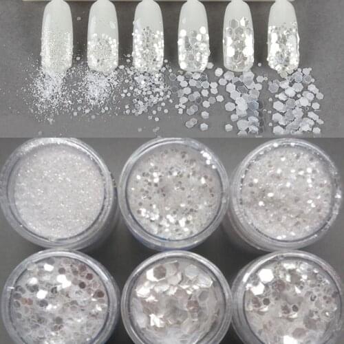 10g/Bottle Nail Glitter Powder 0.2/1/2/2.5mm Mix Size Silver Super Shining Nail Glitter Dust Sequins for UV Gel Polish Sequins
