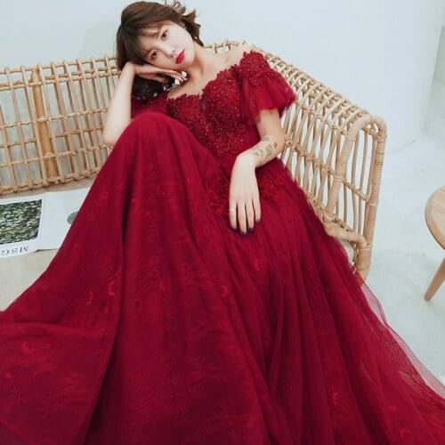 Burgundy Elegant Beading Sequins Toast Gowns for Women Sexy Backless Lacing Up Wedding Party Tulle Formal Dress