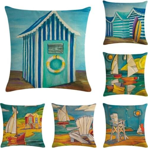 Beach Oil Painting House Cotton Linen Pillow Case Throw Cushion Cover Home Decor