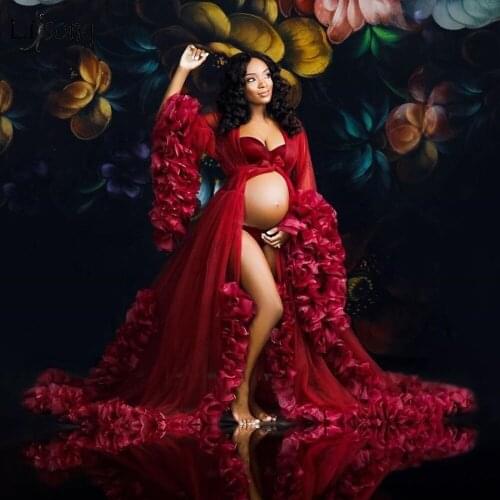 Elegant Red Extra Puffy Tulle Maternity Dresses Long Sleeves Sexy Sheer See Through Bridal Maternity Photography Tulle Robes