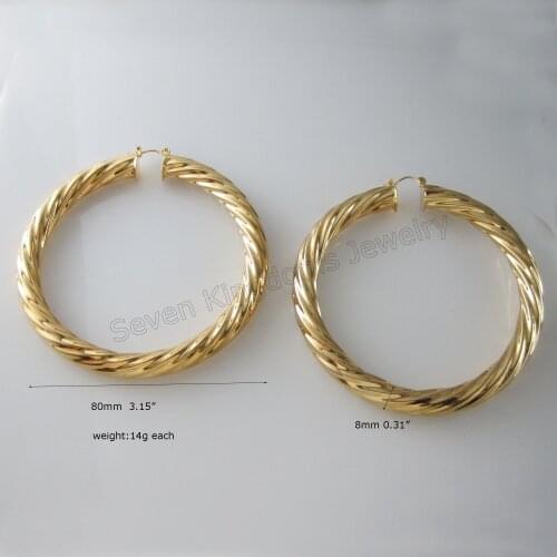 MIN ORDER ONE PIECE /BIG BAND 8MM TWIST - YELLOW GOLD /STERLING SLIVER GP OVERLAY FILL BRASS HUGE HOOP 80MM 3.15" EARRING