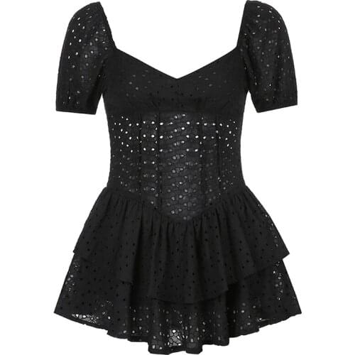 NEWDISCVRY Fashion V Neck Ruffles Pleated Dress Women Puff Sleeve Chic Black Summer Dress Party Hollow Out Vintage Corset Ladies