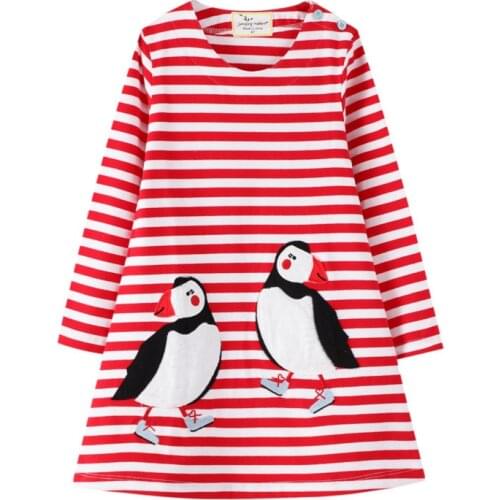 Jumping Meters New Bird Applique Princess Long Sleeve Girls Dress Fashion Baby Autumn Spring Clothes Stripe Girls Dress