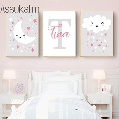 Custom Name Poster Nursery Wall Art Prints Cloud Moon Star Art Canvas Painting Nordic Wall Pictures For Baby Room Decoration