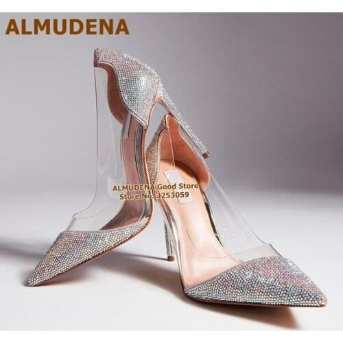 ALMUDENA Clear PVC Bling Bling Crystal Patchwork Wedding Shoes Glitter Pointed Toe Sparkly Heels Transparent Dress Shoes Size43