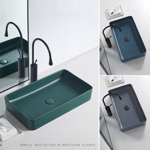 Nordic Matte Green Above Counter Wash Hand Basins Household Wash Basin Single Basin Ceramic Square Bathroom Sinks Shampoo Sinks