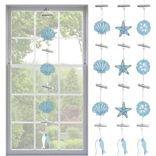 Vintage Blue Fish Hangings Sea Mediterranean With Drift Wood Bells Wall Hanging Decorations Home Ornaments Kids Room Decor 5G