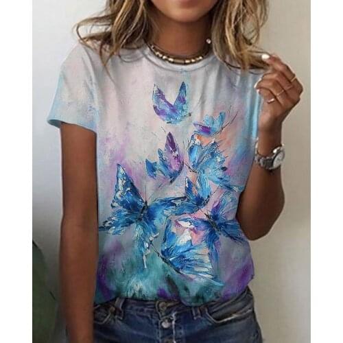 Womens dynamic abstract 3D printing T-shirt summer gradient short-sleeved casual top O-neck Soft material street Clothing Tops