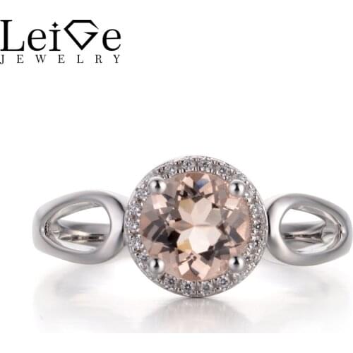 Leige Jewelry Pink Color Natural Morganite Gemstone Round Cut Prong Setting Promise Halo Ring For Woman Romantic Gift 925 Silver