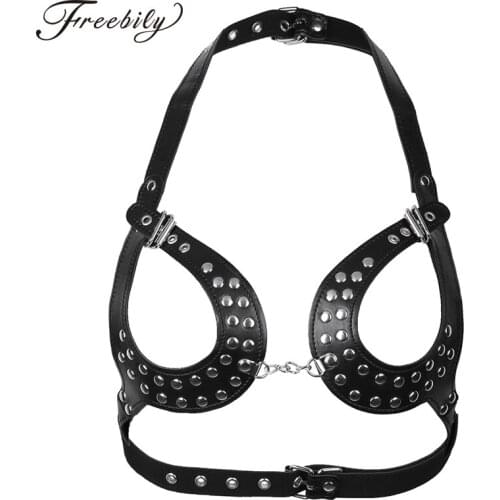 Women Lingerie PU Leather Adjustable Body Chain Harness Bra Belt with Buckles and Rivets Erotic Crop Tops Sexy Clubwear Bra Tops