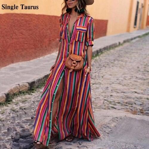Rainbow Color Stripe Printing Button Woman Dress Double Pocket Long Shirt Dress for Women Streetwear Fashion Robe Ete Femme 2020