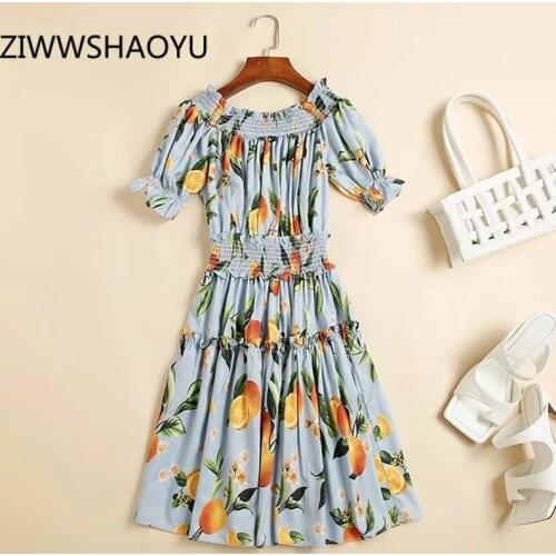 ZIWWSHAOYU Female Summer Off Shoulder Sweet Holiday Dress Runway Designer Women Lemon Print Elastic Waist Mini Dresses Vestidos