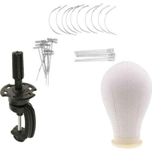 24inch Beige Wig Making Cork Canvas Block Mannequin Head with Black Desk Clamp Stand Holder and 30pcs C/I/T Pins Needles Set