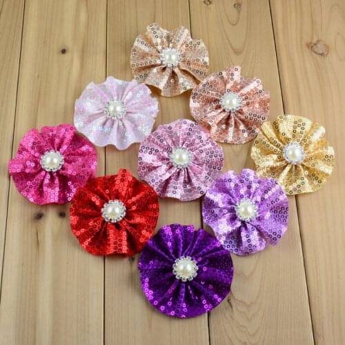 50pcs/lot 20 Color U Pick 3 Inch Shinny Ballerina Sequin Flower With Pearl Rhinestone Button DIY Boutique Hair Accessories TH66