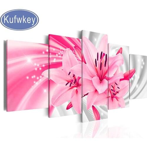 Pink Lilies Full Square Round diamond embroidery 5 Pcs 5d Diy diamond painting cross stitch Crystal Diamond mosaic Flower Art