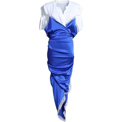 SeeBeautiful Asymmetrical Dress Female Loose Contrast Color V-neck Sleeveless Lace Patch Fake Two Pieces Spring 2021 New W886