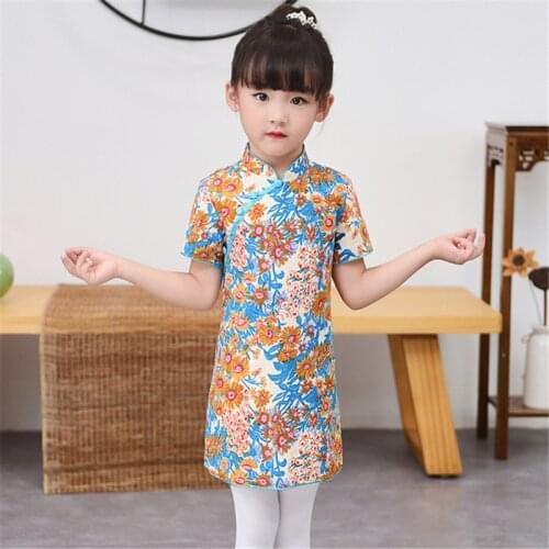 Childrens clothing girls dress cheongsam printing national style cheongsam children stand collar Chinese clothing Tang suit