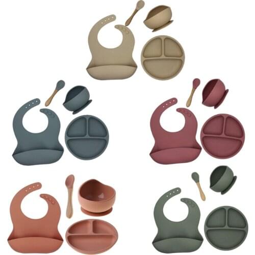 4pcs/set BPA Free Baby Silicone Tableware Waterproof Bib Solid Color Dinner Plate Sucker Bowl And Spoon For Children 24BE