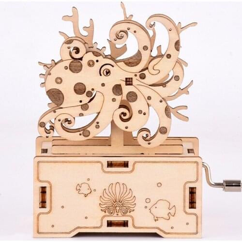FEOOE Intelligence Development 3D Jigsaw Puzzle Handmade Wooden Model Puzzle Childrens Toys Octopus Hand-cranked Music Box CJ