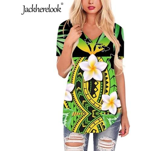 Jackherelook Polynesian Traditional Tribal Print Casual Woman Tops Shirts Hawaiian Hibiscus Design Loose Female T Shirts Mujer