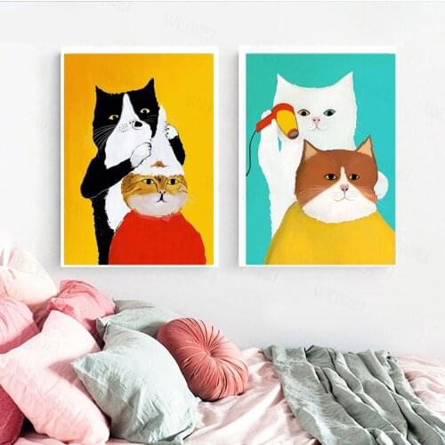 Funny Cartoon Animals Cat Barber Canvas Painting Nordic Style Kids Decor Wall Art Picture Nursery Baby Room Posters and Prints