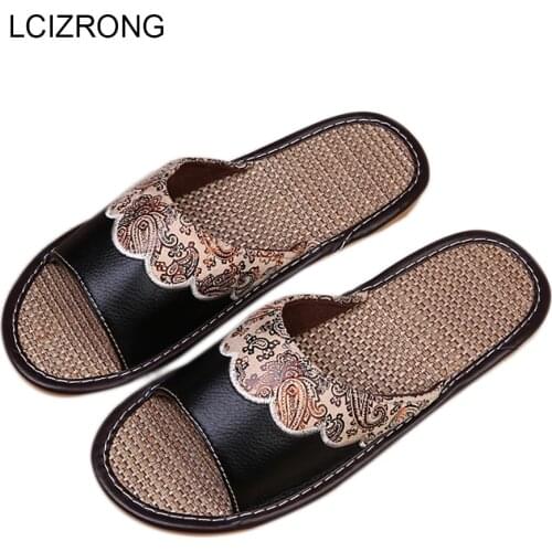 LCIZRONG Autumn Couple Leather Flax Home Slippers Men/Women European Retro Bedroom Slippers Unisex High Quality Slippers Male