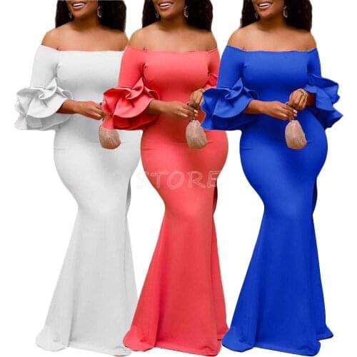 Fashion Dashiki African Dresses for Women Off Shoulder Evening Party Prom Ladies Chic Maxi Dress Ruffle Sleeves Floor Length