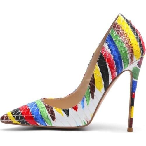 Sexy Ladies Greasepaint Printing Pumps Thin Stiletto Heel Pointed Toe Female Low Out Slip On Colorful High Heels