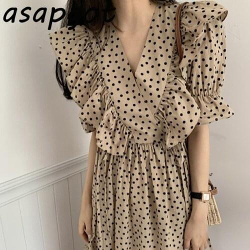 Dresses Korean Chic Summer V Neck Ruffles Flare Short Sleeve Polka Dot Dress Women Vintage Slim Vestido De Mujer Elegant Wild